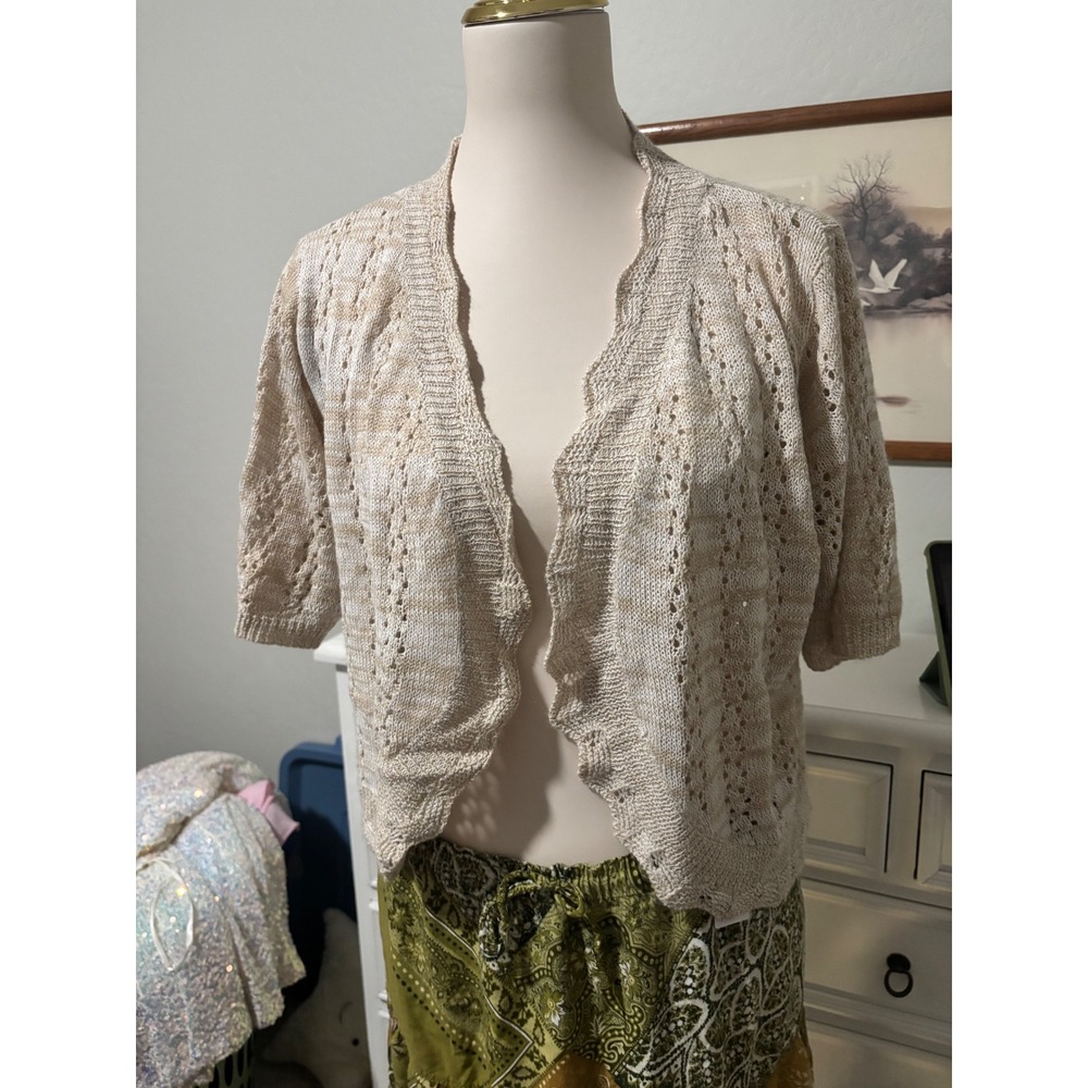 Pointelle Knit Cardigan Sweet Kizz Beige Open Front Ruffle Short Sleeve Shrug